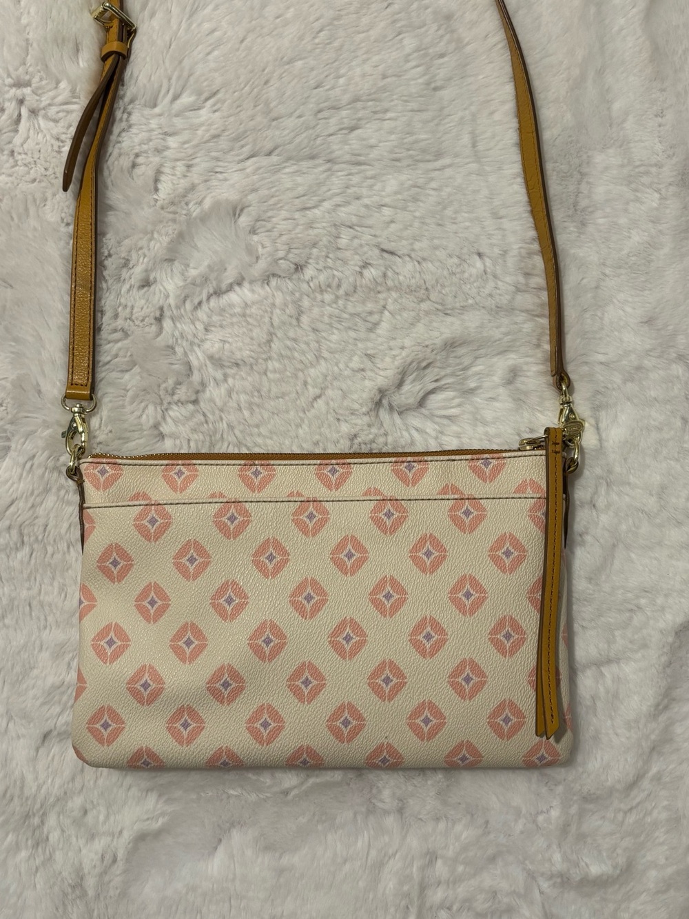 Fossil Sydney Crossbody Pouch Cream Pink Geometric Tile Print